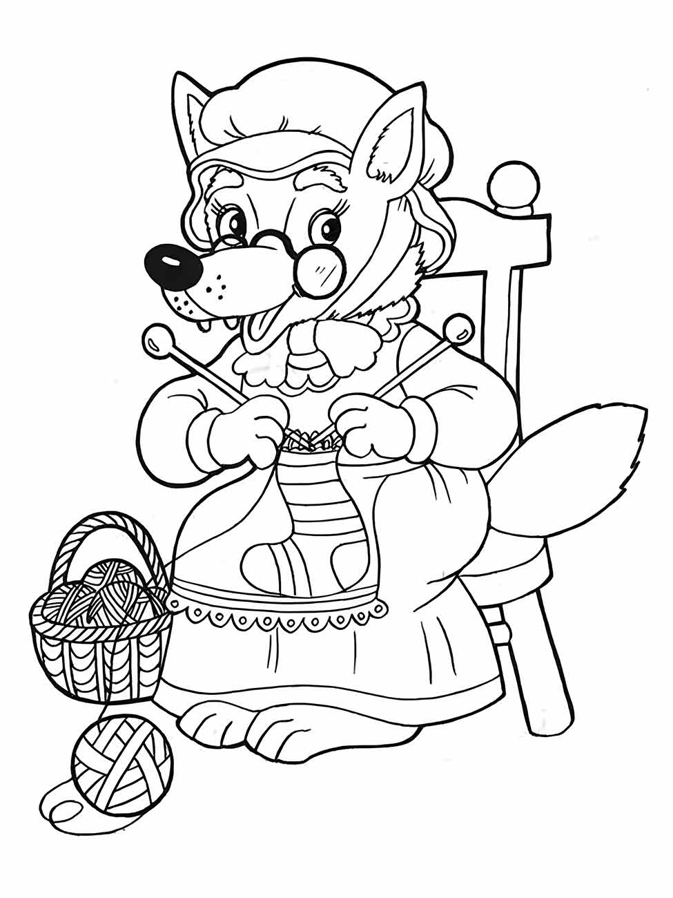 Desenho para colorir da vovó de Chapeuzinho Vermelho tricotando, com o lobo disfarçado e uma cesta de lã caída.