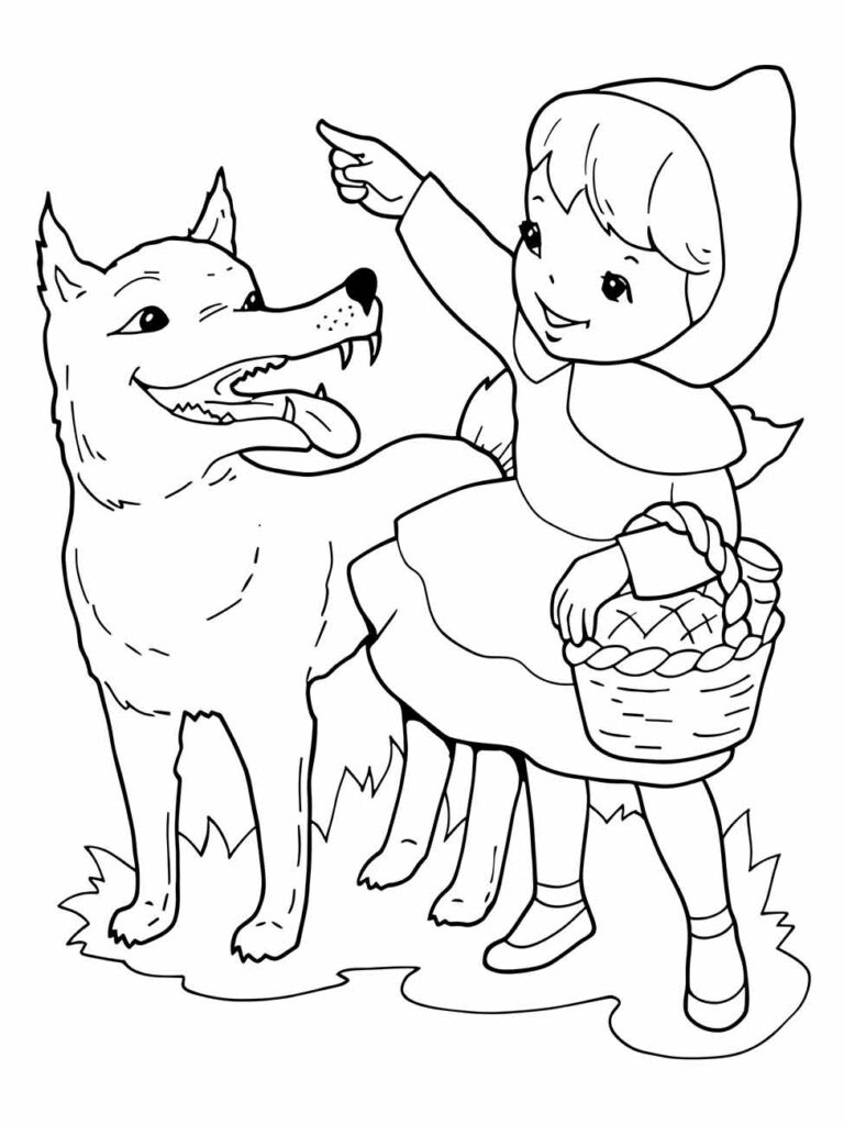 Desenho para colorir Chapeuzinho Vermelho interagindo com o lobo e segurando uma cesta.