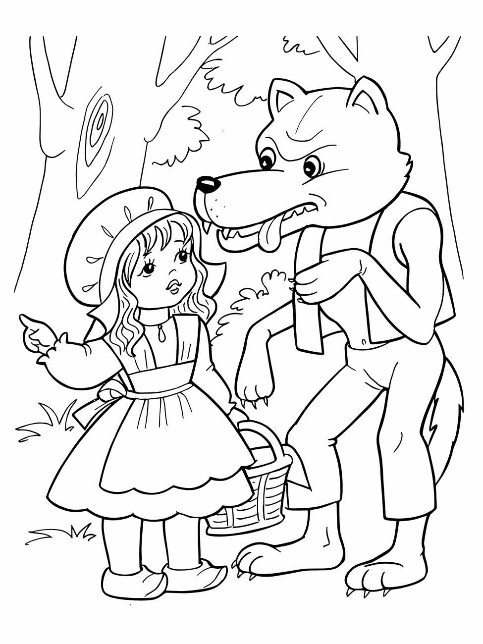 Desenho para colorir retratando Chapeuzinho Vermelho frente a frente com o lobo, evidenciando uma cena clássica da história.