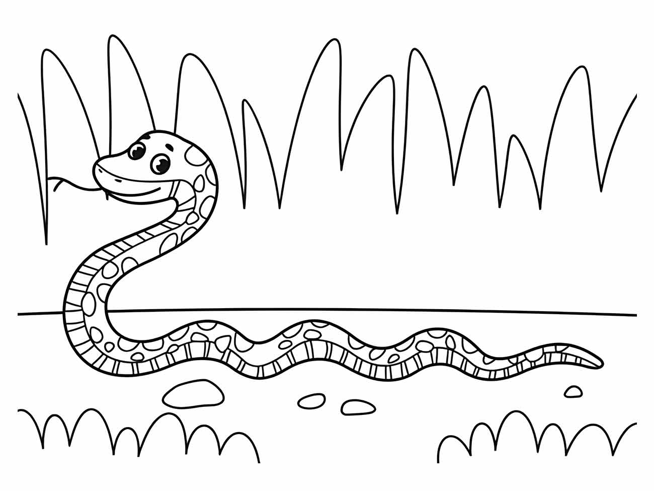 Desenho de cobra para colorir, sorridente deslizando por entre a grama.