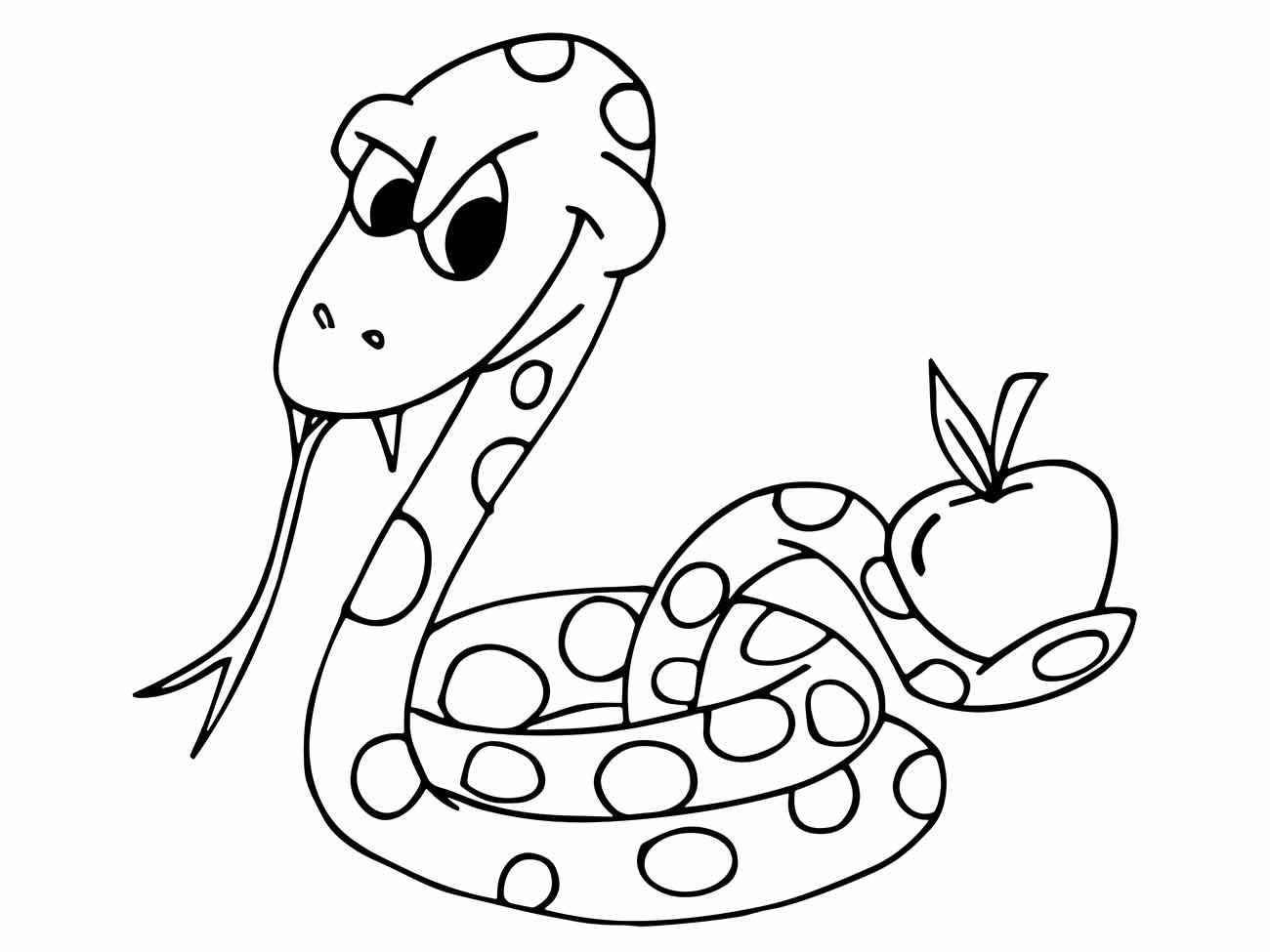 Desenho para colorir de cobra com língua bifurcada ao lado de uma maçã.