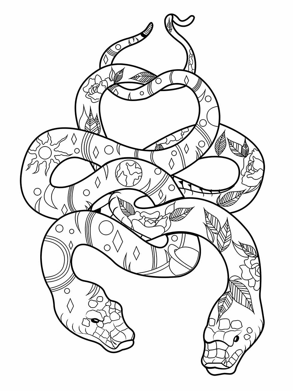 Desenho de cobras para colorir, complexa com padrões geométricos e botânicos.