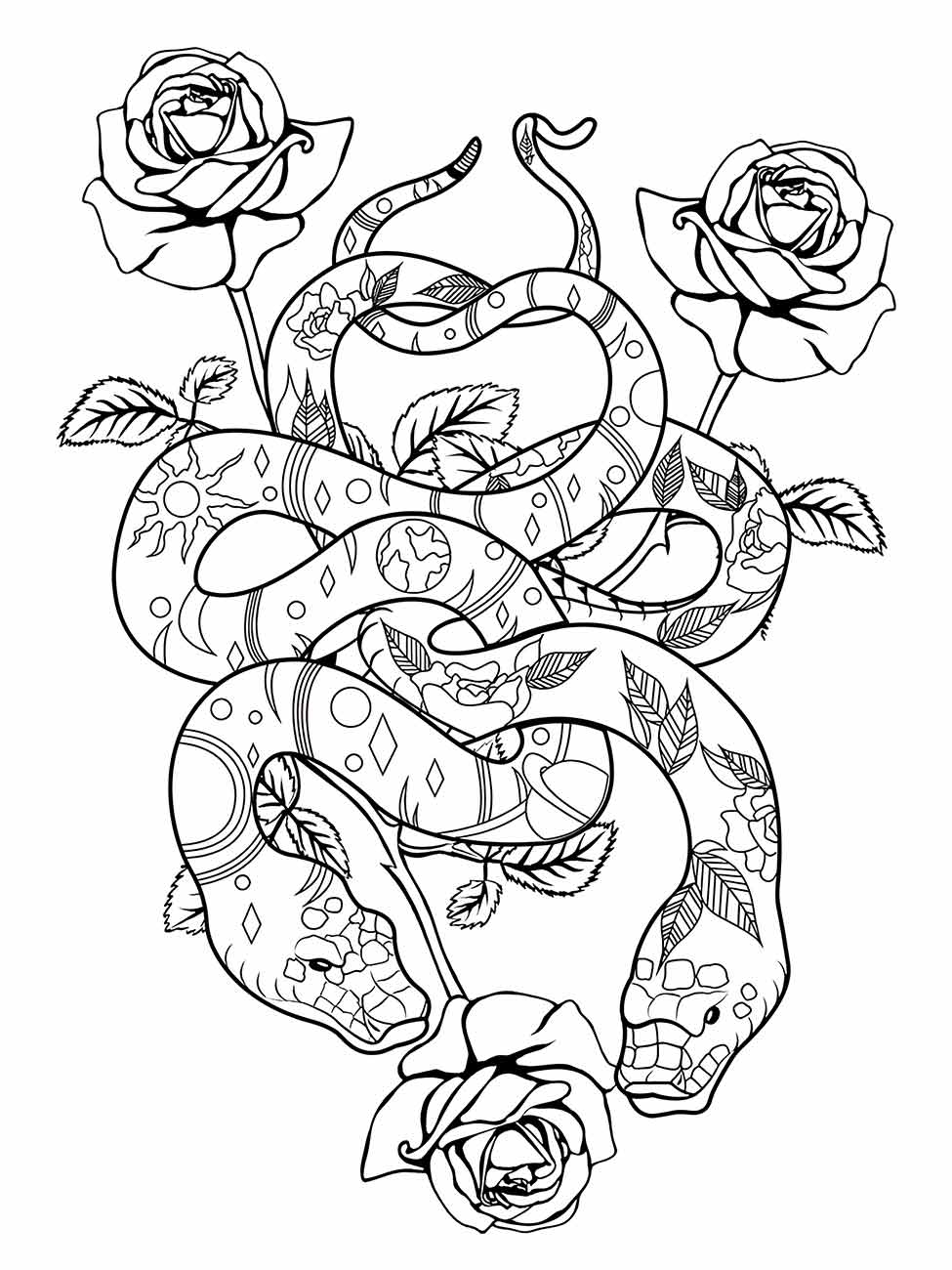 Desenho para colorir de cobra elegante entre rosas, com padrões intrincados e folhas detalhadas.