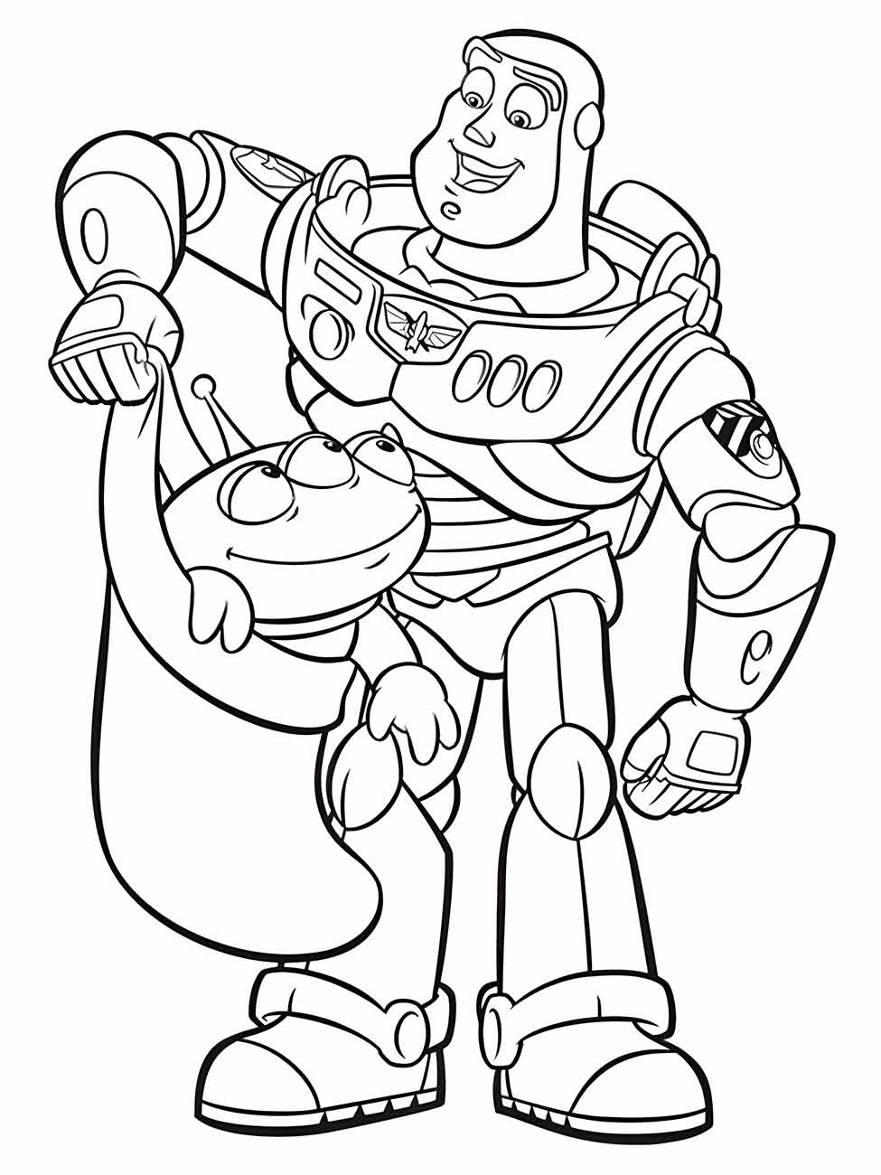 desenho para colorir de Buzz Lightyear segurando Squeeze Toy Alien.