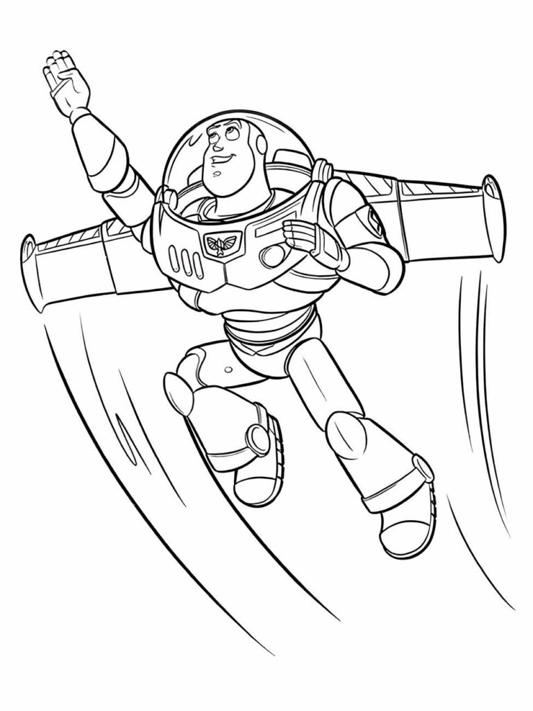 desenho para colorir de Buzz Lightyear voando com os braços estendidos.