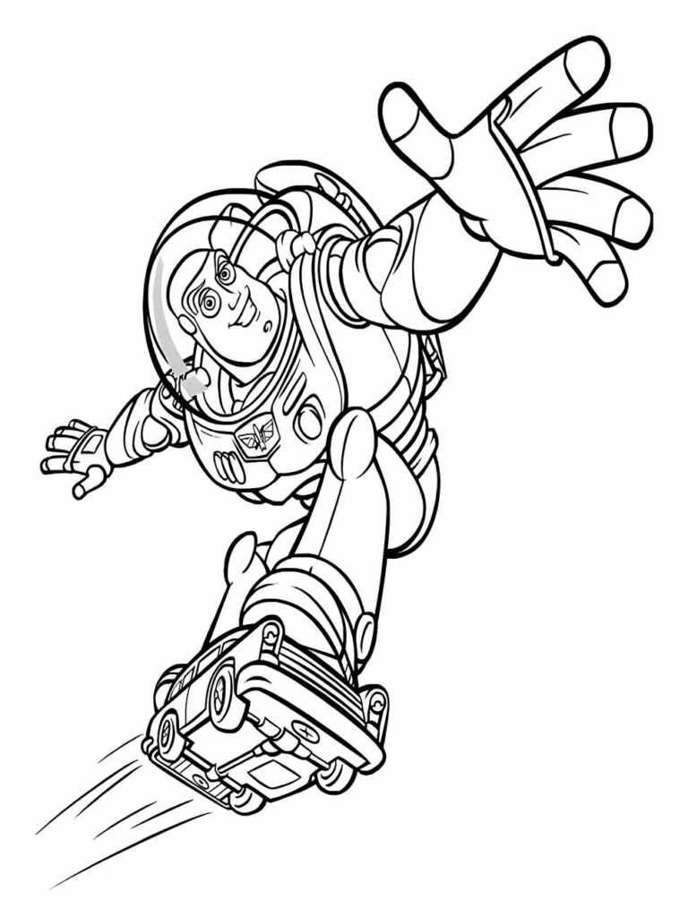 desenho para colorir de Buzz Lightyear em ação de voo com o punho para frente.