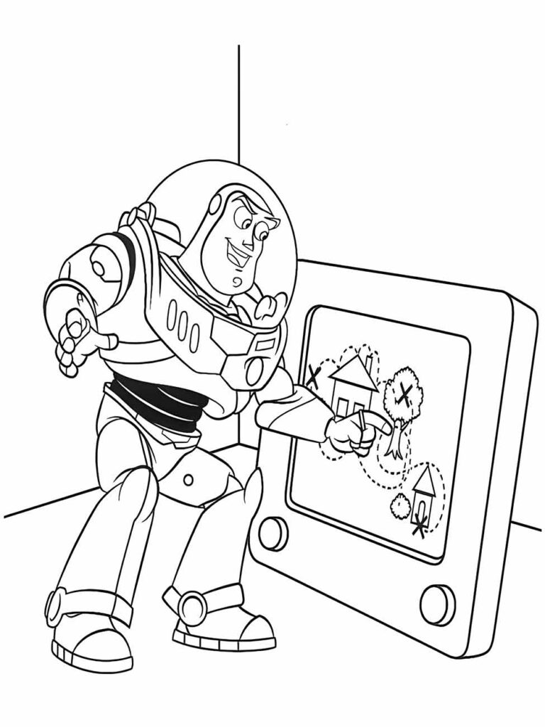 desenho para colorir de Buzz Lightyear apontando em um quadro com um dedo.