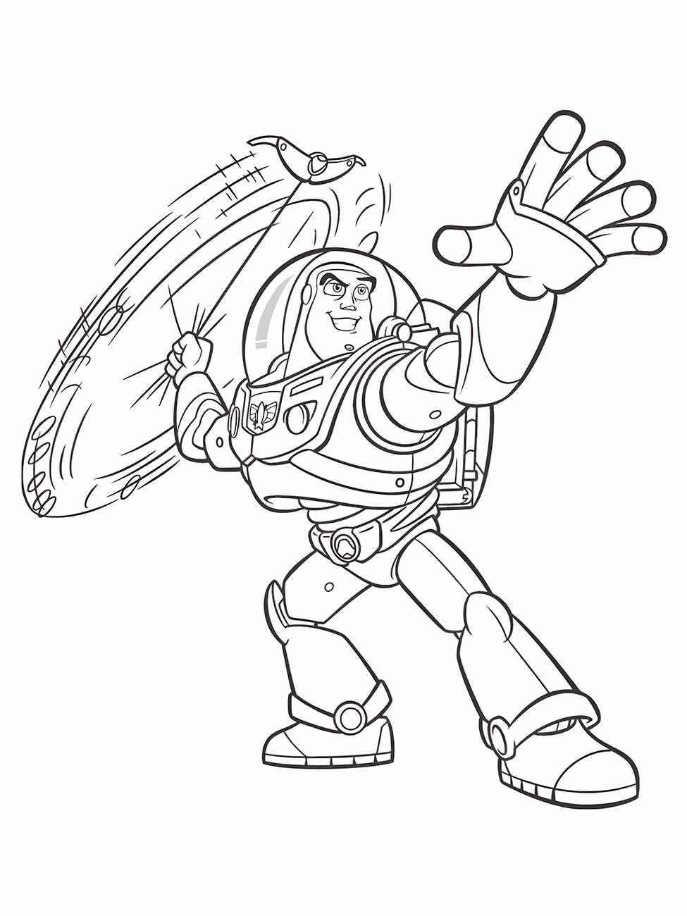 desenho para colorir de Buzz Lightyear usando seu bumerang.