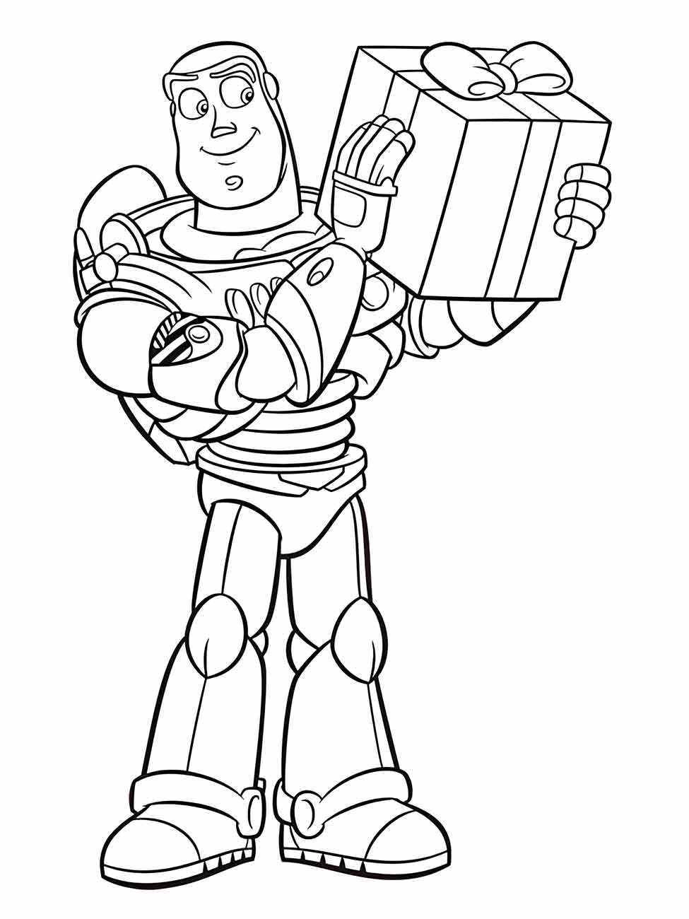 desenho para colorir de Buzz Lightyear segurando um presente grande.