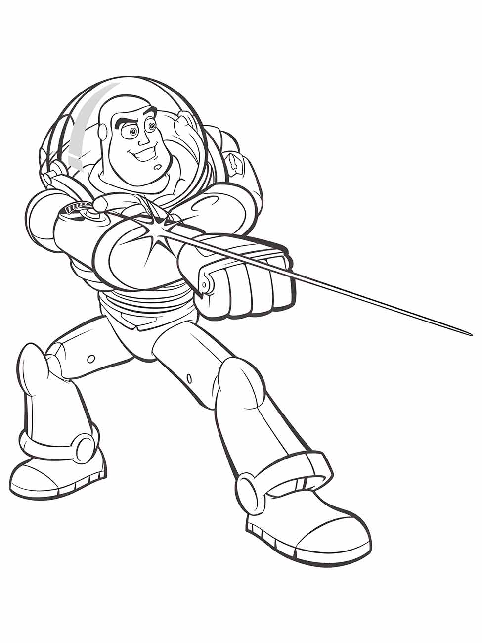 desenho para colorir de Buzz Lightyear em pose de ação com seu laço de luz.