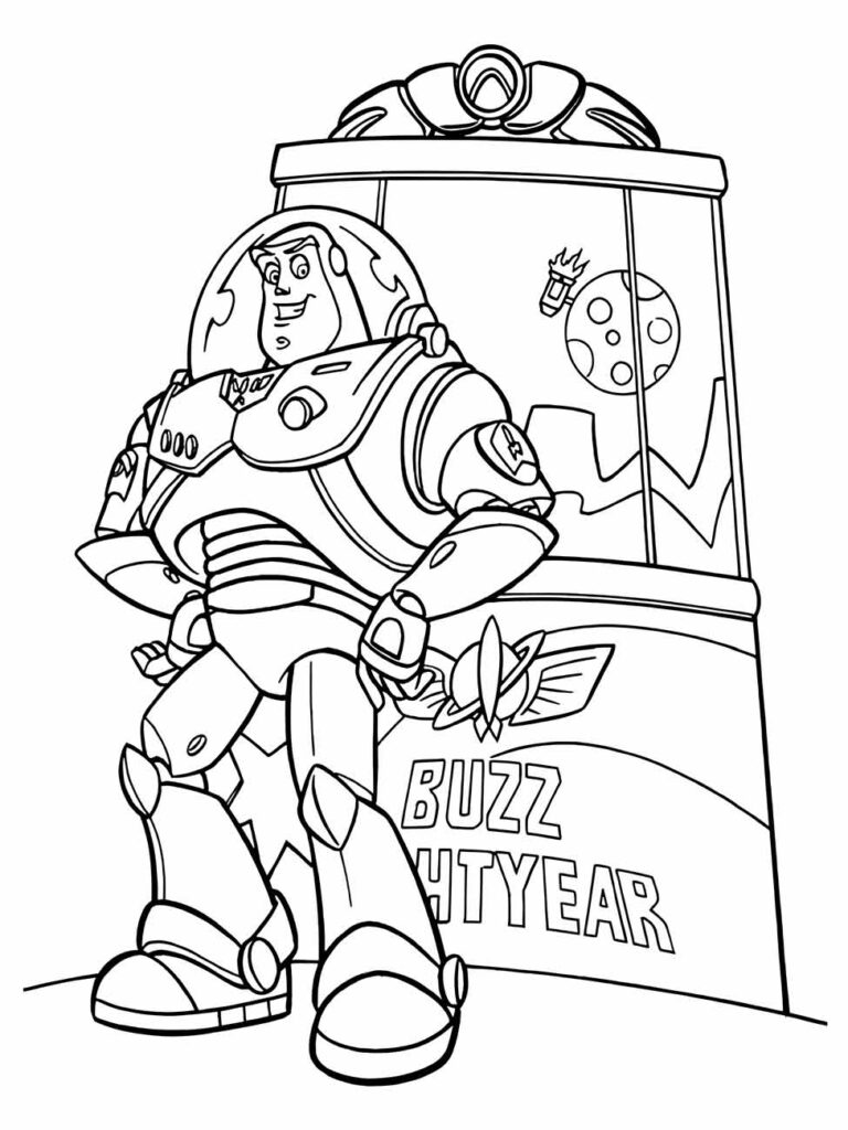 Desenho para colorir de Buzz Lightyear com sua caixa de exposição ao fundo.