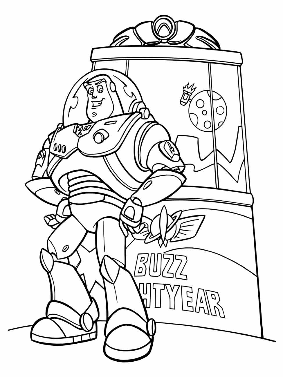 Desenho para colorir de Buzz Lightyear com sua caixa de exposição ao fundo.