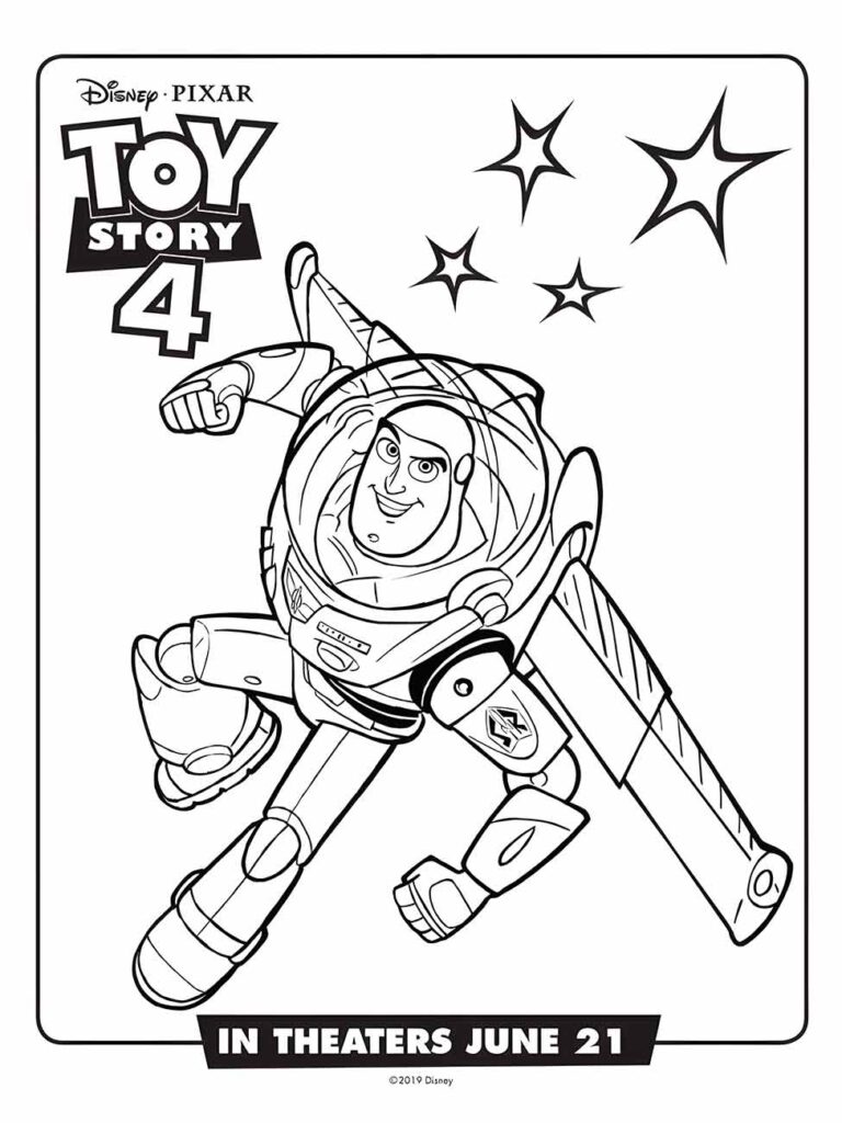 Desenho para colorir de Buzz Lightyear voando com estrelas ao fundo, anunciando "Toy Story 4".