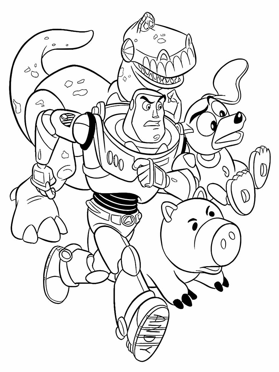 Desenho para colorir de Buzz Lightyear, Rex e Porquinho em uma ação dinâmica.