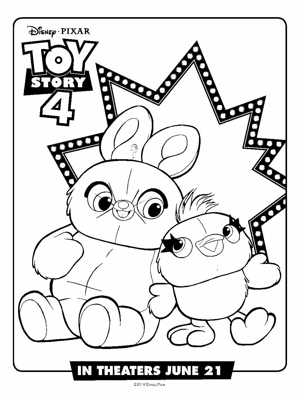 desenho para colorir de Coelhinho e Patinho toy story 4 com estrelas no fundo.