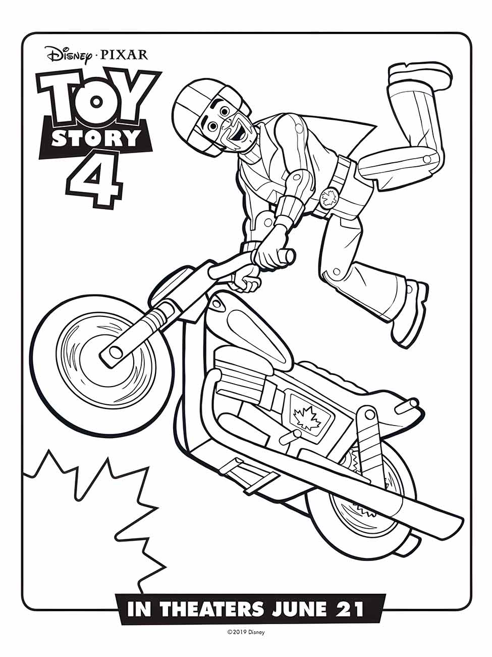 Desenho para colorir de Duke Caboom em sua moto, com a promoção de "Toy Story 4".