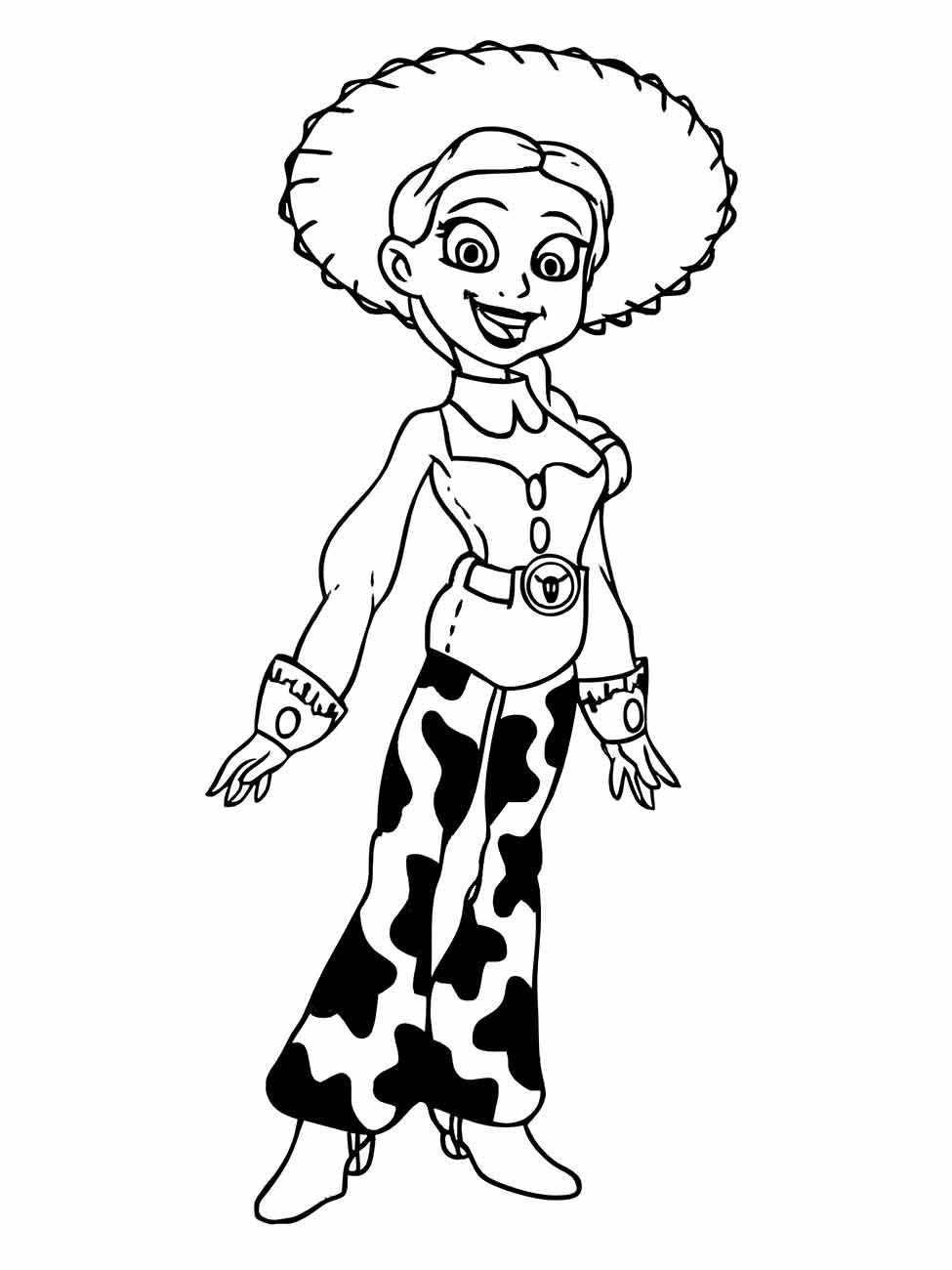 Desenho para colorir de Jessie sorridente, com as mãos para os lados.