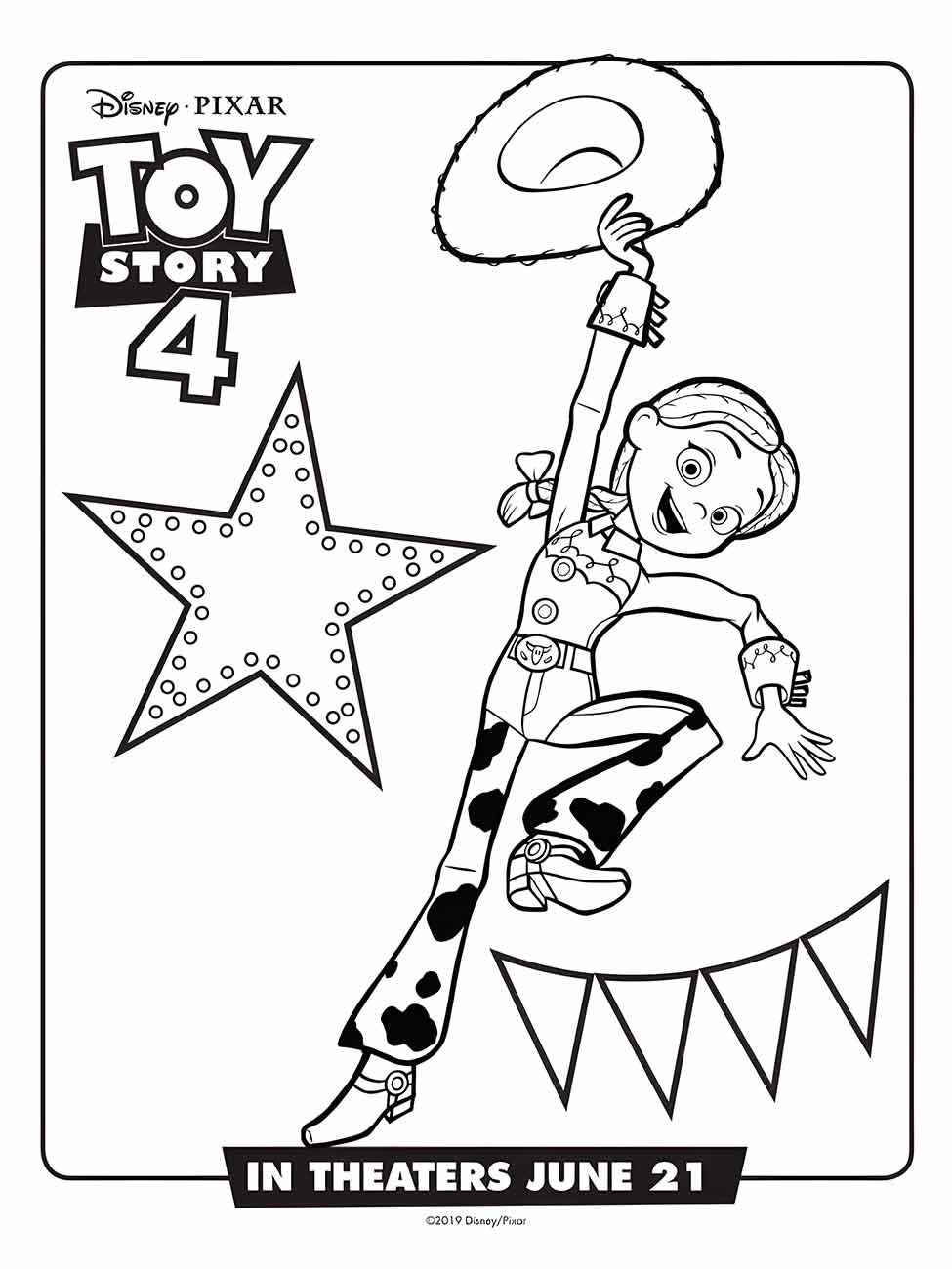 Desenho para colorir de Jessie com um braço levantado, em frente a um fundo com estrelas e "Toy Story 4".