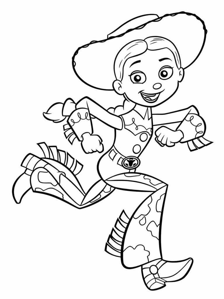 desenho para colorir de Jessie em pose de corrida, sorrindo.