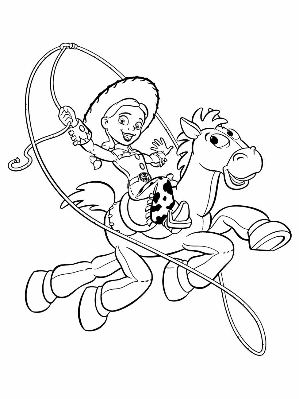 desenho para colorir de Jessie montando Bullseye com laço estendido.