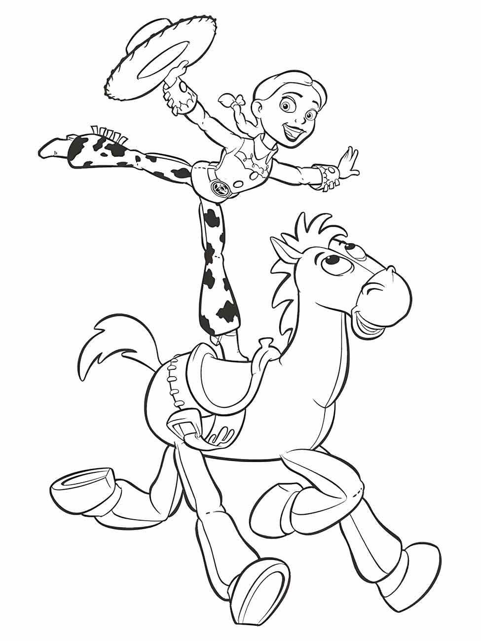 desenho para colorir de Jessie fazendo uma pose de dança em cima de Bullseye.