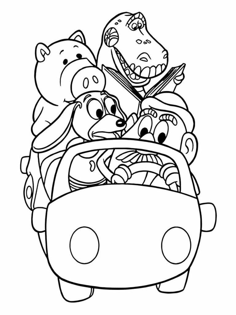 desenho para colorir de Rex, o dinossauro, com Porquinho, Slinky e Sr. Cabeça de Batata dirigindo um carro.