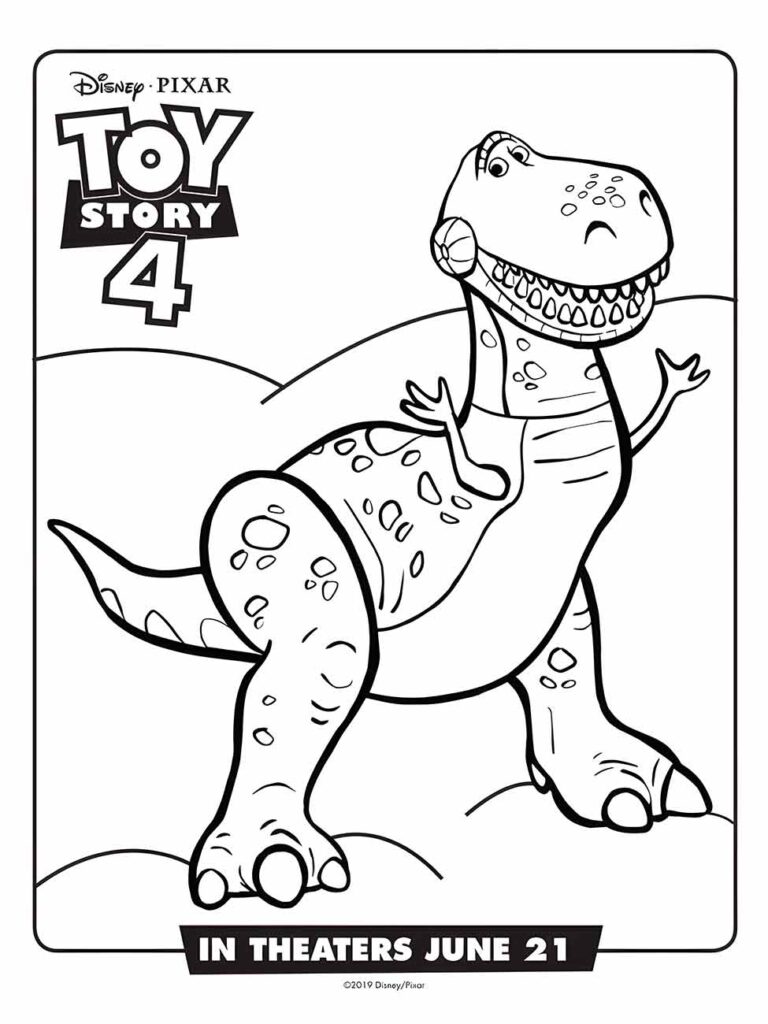 Desenho para colorir de Rex, o tiranossauro verde, com um sorriso e "Toy Story 4" em destaque.