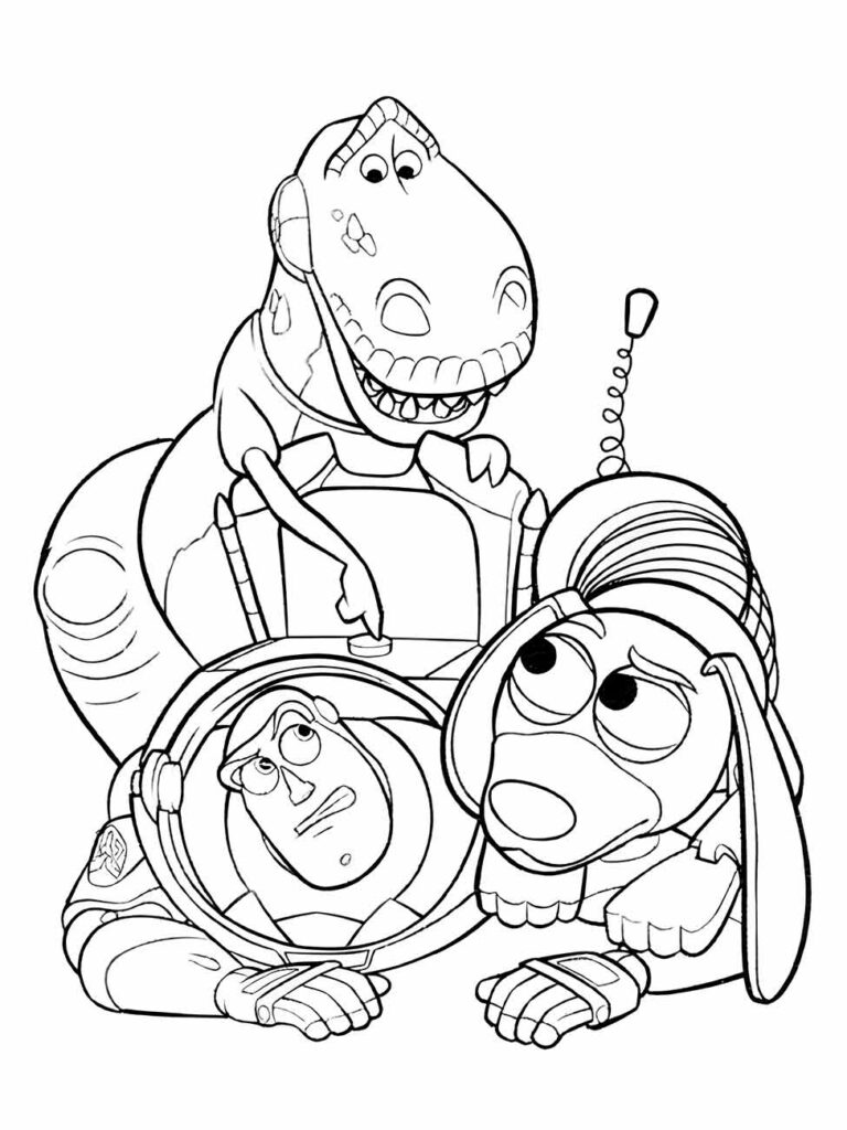 desenho para colorir de Rex, slinkyao lado de de Buzz Lightyear que está deitado no chão.