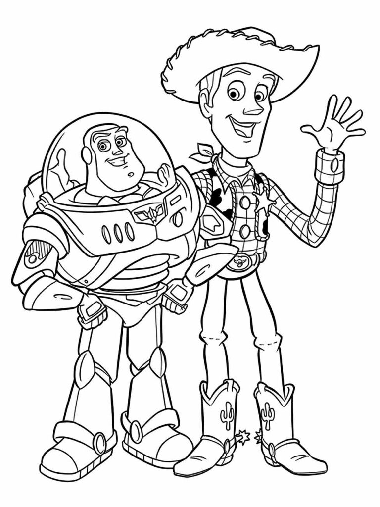 Desenho para colorir de Woody acenando ao lado de Buzz Lightyear.