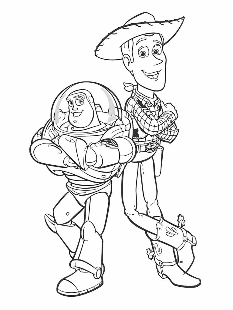 desenho para colorir de Woody e Buzz Lightyear de braços cruzados lado a lado.