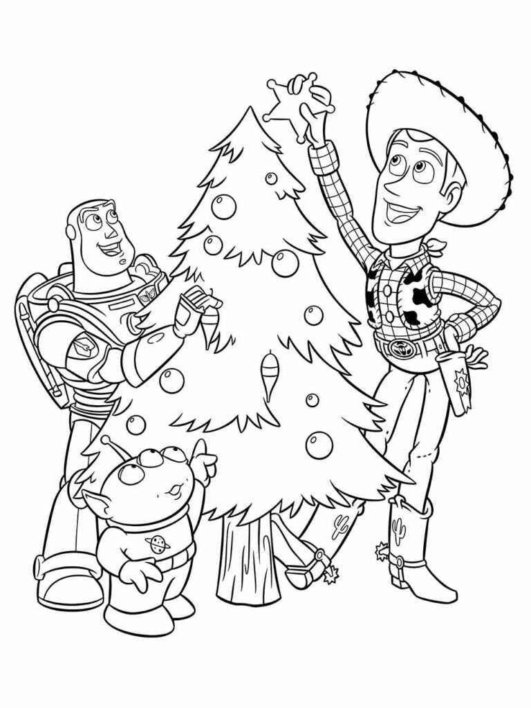 desenho para colorir de Woody e Buzz Lightyear decorando uma árvore de Natal.