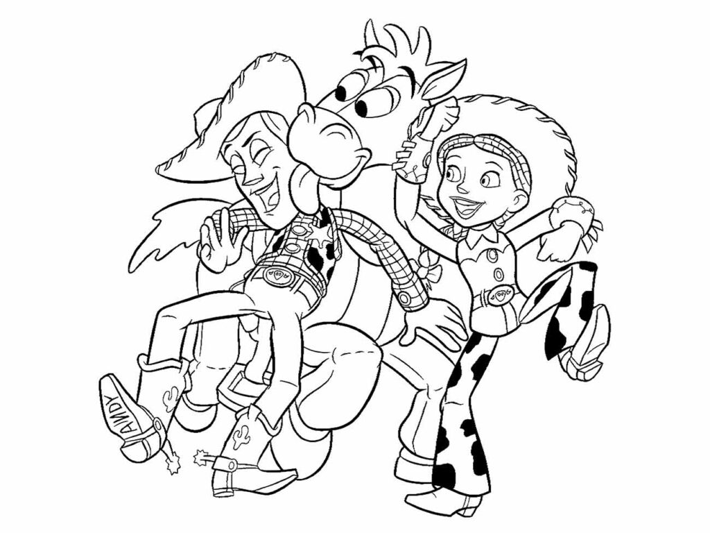 Desenho de woody, jessie e bullseye para imprimir e colorir