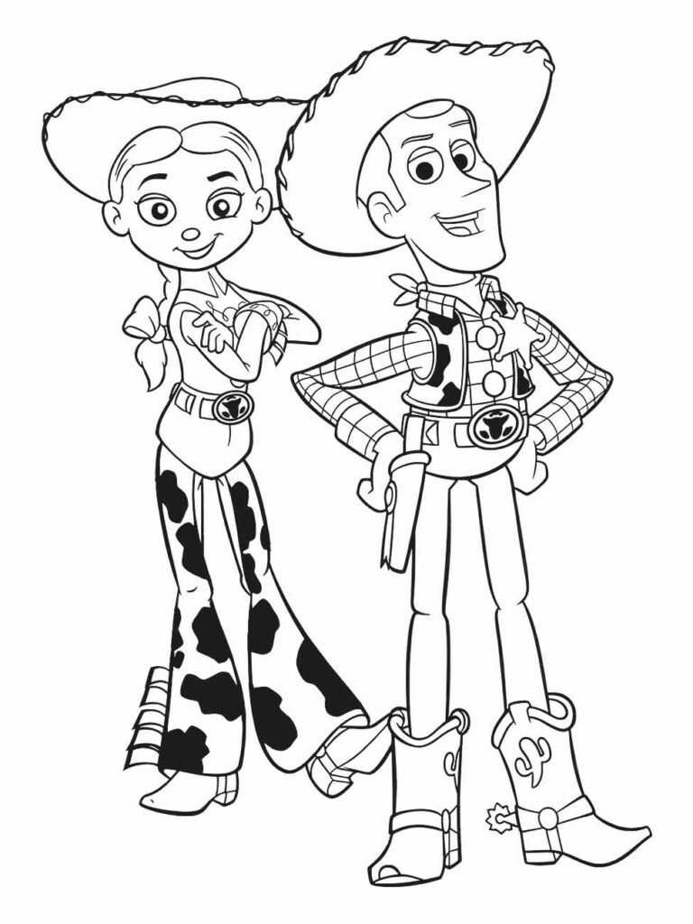 desenho para colorir de Jessie e Woody de pé, lado a lado.