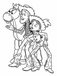 Desenho para colorir de Woody, Jessie e e-bullseye juntos.