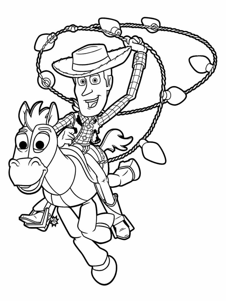 desenho para colorir de Woody a cavalo, com um laço em forma de círculo ao redor deles.