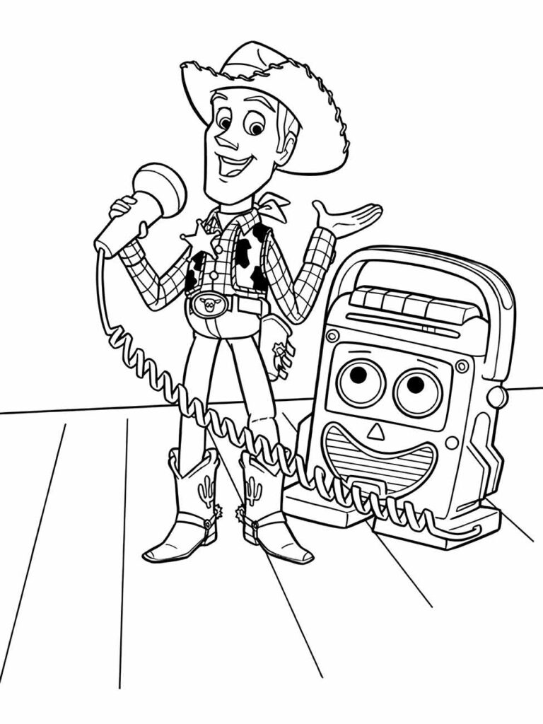 desenho para colorir de Xerife Woody cantando com um microfone ao lado do rádio.