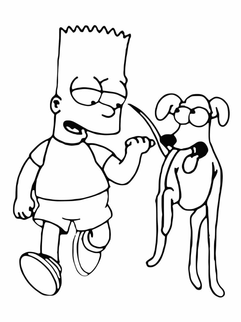 Desenho para colorir Bart Simpson com um cachorro.