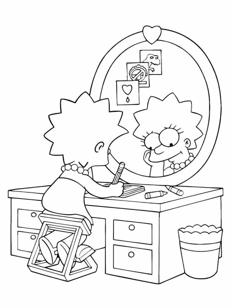 Desenho para colorir Lisa Simpson na escrivaninha.