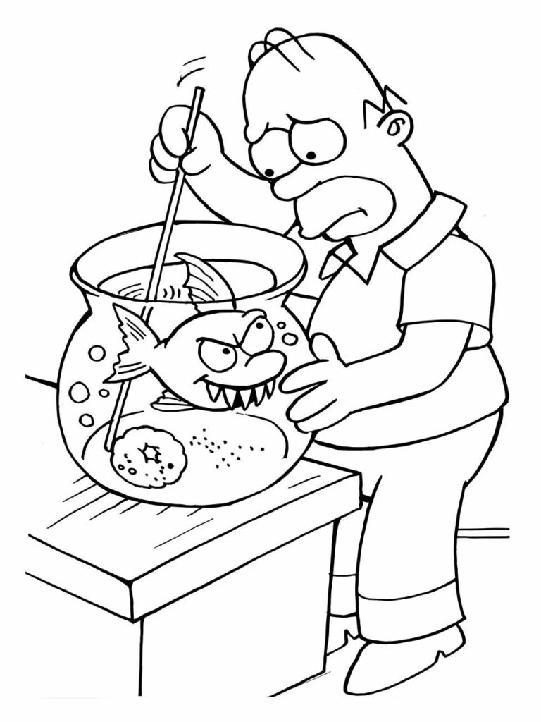 Desenho para colorir Homer Simpson cuidando do aquário de peixes.