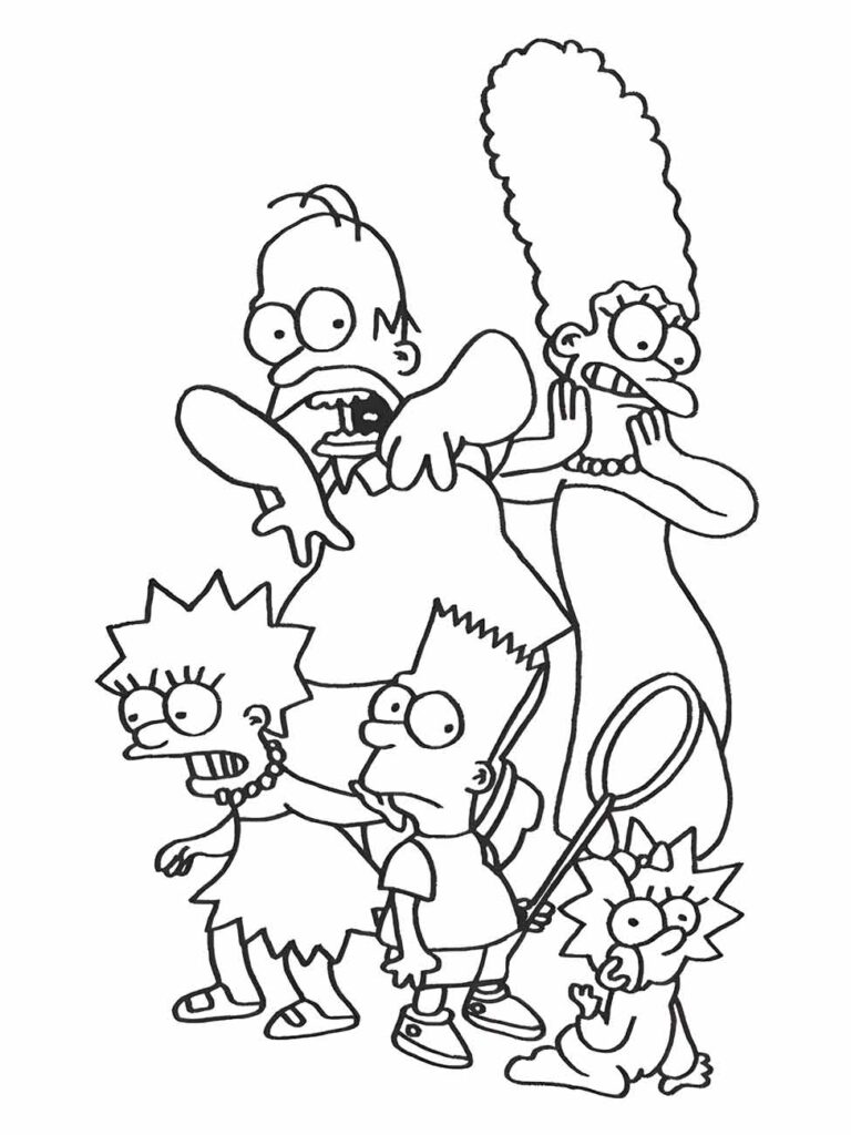 Desenho para colorir da família Simpson assustada.