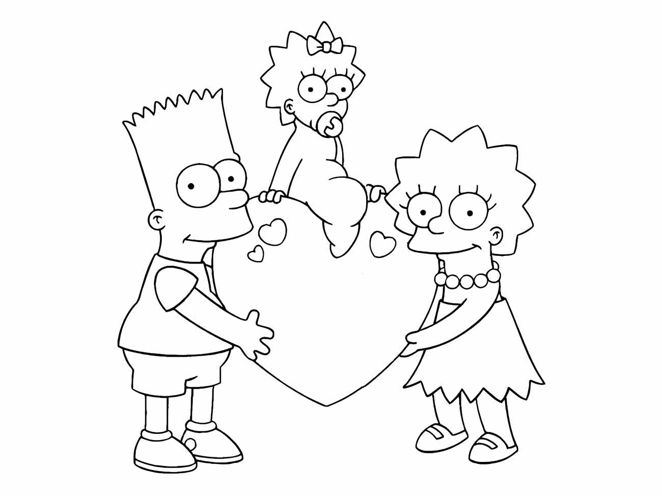 Desenho para colorir Bart, Lisa e Maggie com um coração.