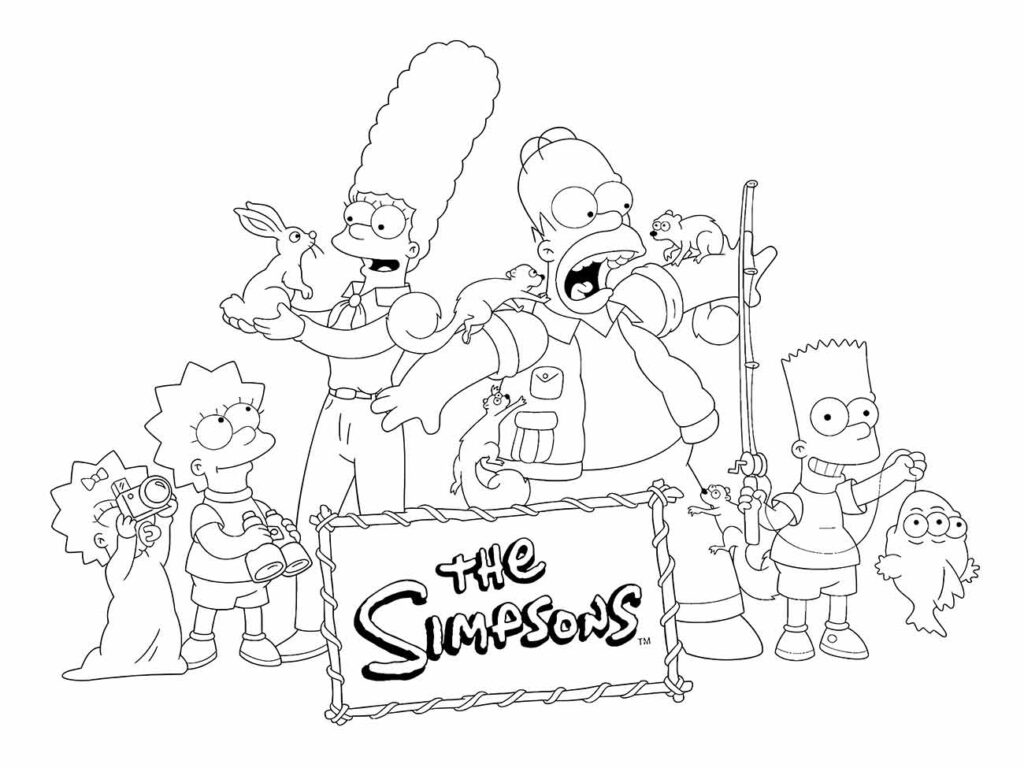 Desenho para colorir da família Simpson com animais.