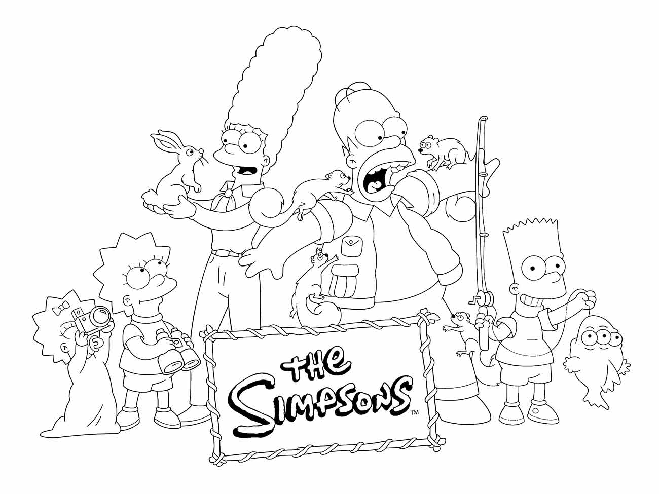 Desenho para colorir da família Simpson com animais.