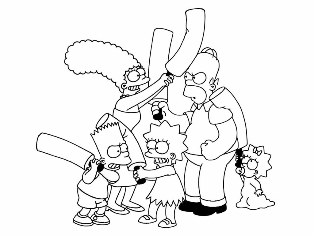 Desenho para colorir da família Simpson com espadas de brinquedo.