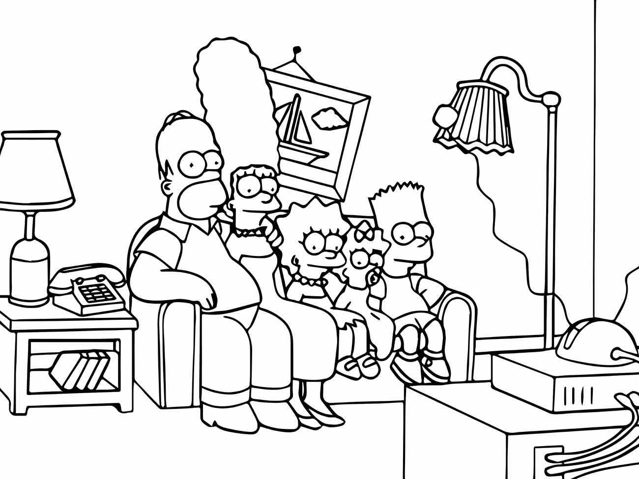 Desenho para colorir os Simpsons no sofá.