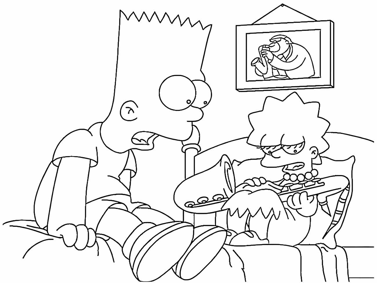 Desenho para colorir Bart Simpson irritado com Lisa tocando saxofone.