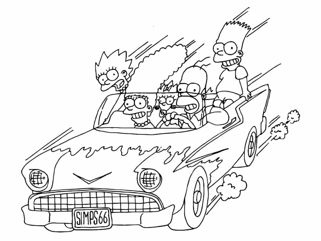 Desenho para colorir da família Simpson num carro conversível.