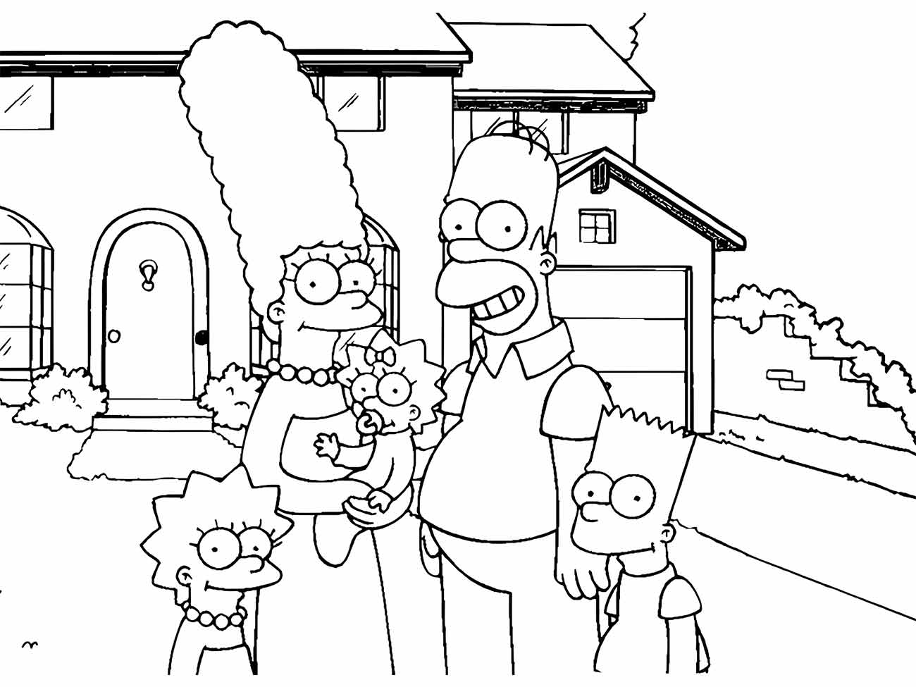 Desenho para colorir da família Simpson em frente à sua casa.