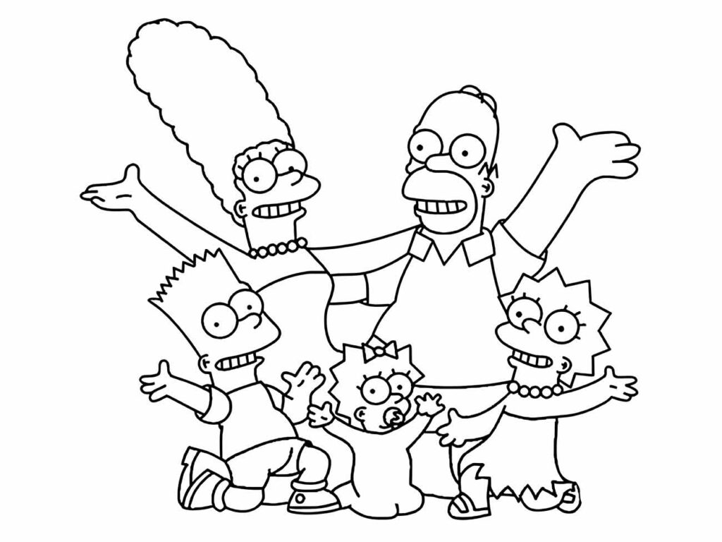 Desenho para colorir da família Simpson feliz e animada.