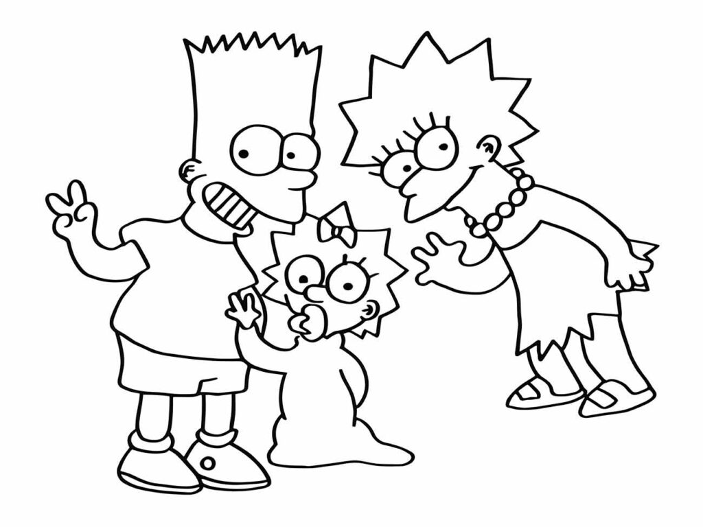 Desenho para colorir Bart, Lisa e Maggie Simpson brincando.